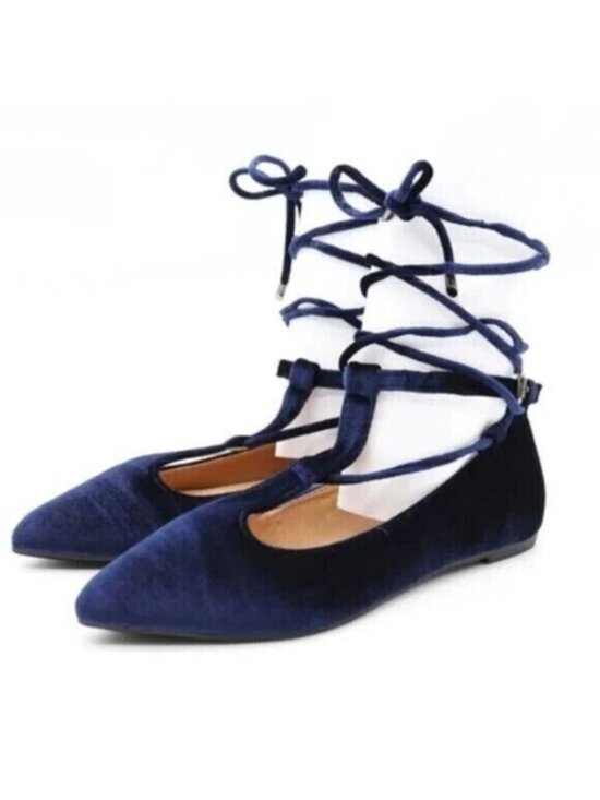 Yoki Shoes - Yoki Urban-80 Velvet Flat Lace Up Shoe~Size 8~Navy Dark Blue Ankle Tie P7 25